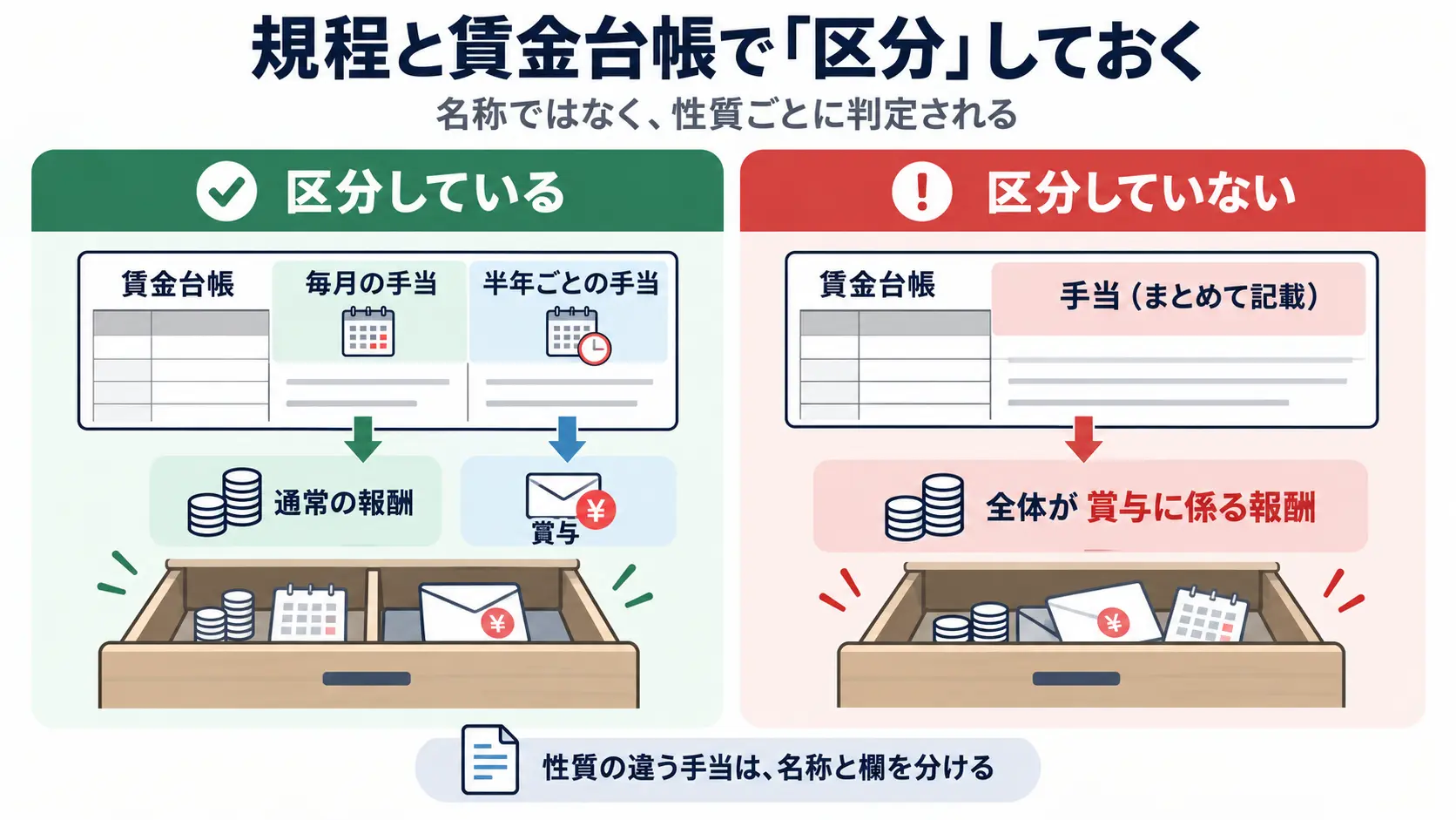 賃金台帳で毎月の手当と半年ごとの手当を区分していれば通常の報酬と賞与に分かれ、区分していなければ全体が賞与に係る報酬になることを示す図